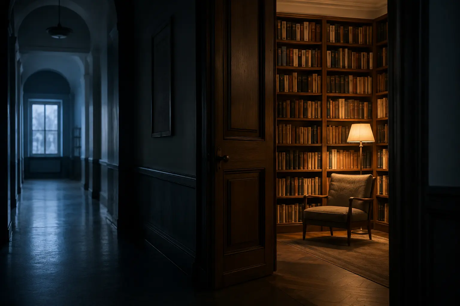 An open doorway leading from a cool dark corridor into a warmly lit independent reference library with one empty reading chair