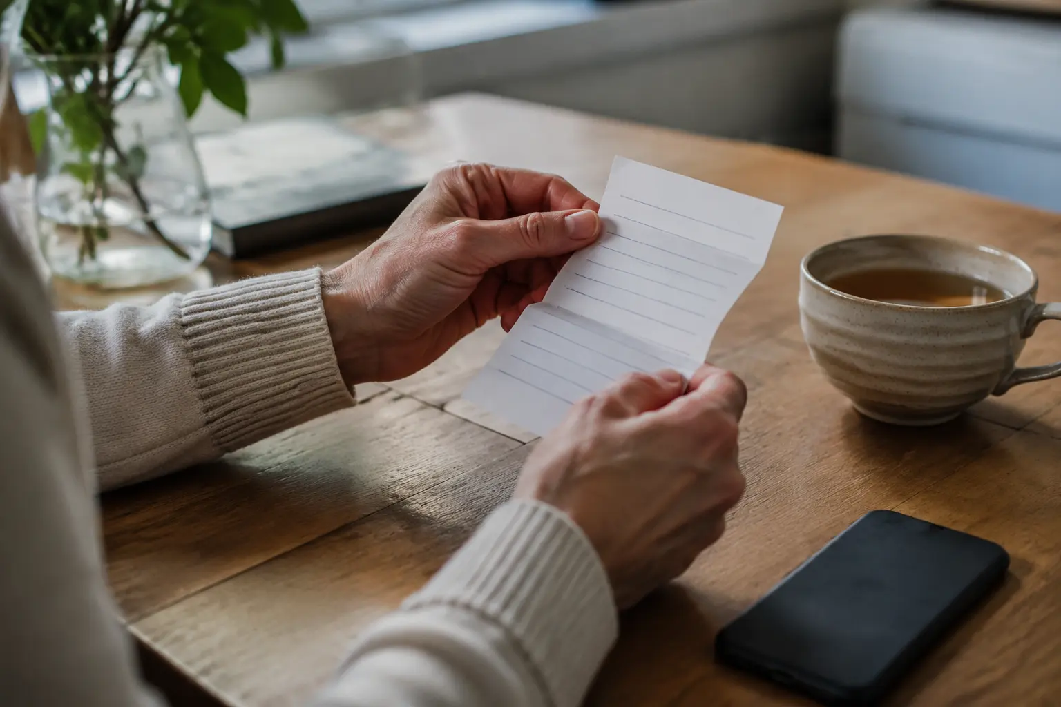 An adult's hands holding a blank lined note beside a face-down phone and cup of tea at a kitchen table
