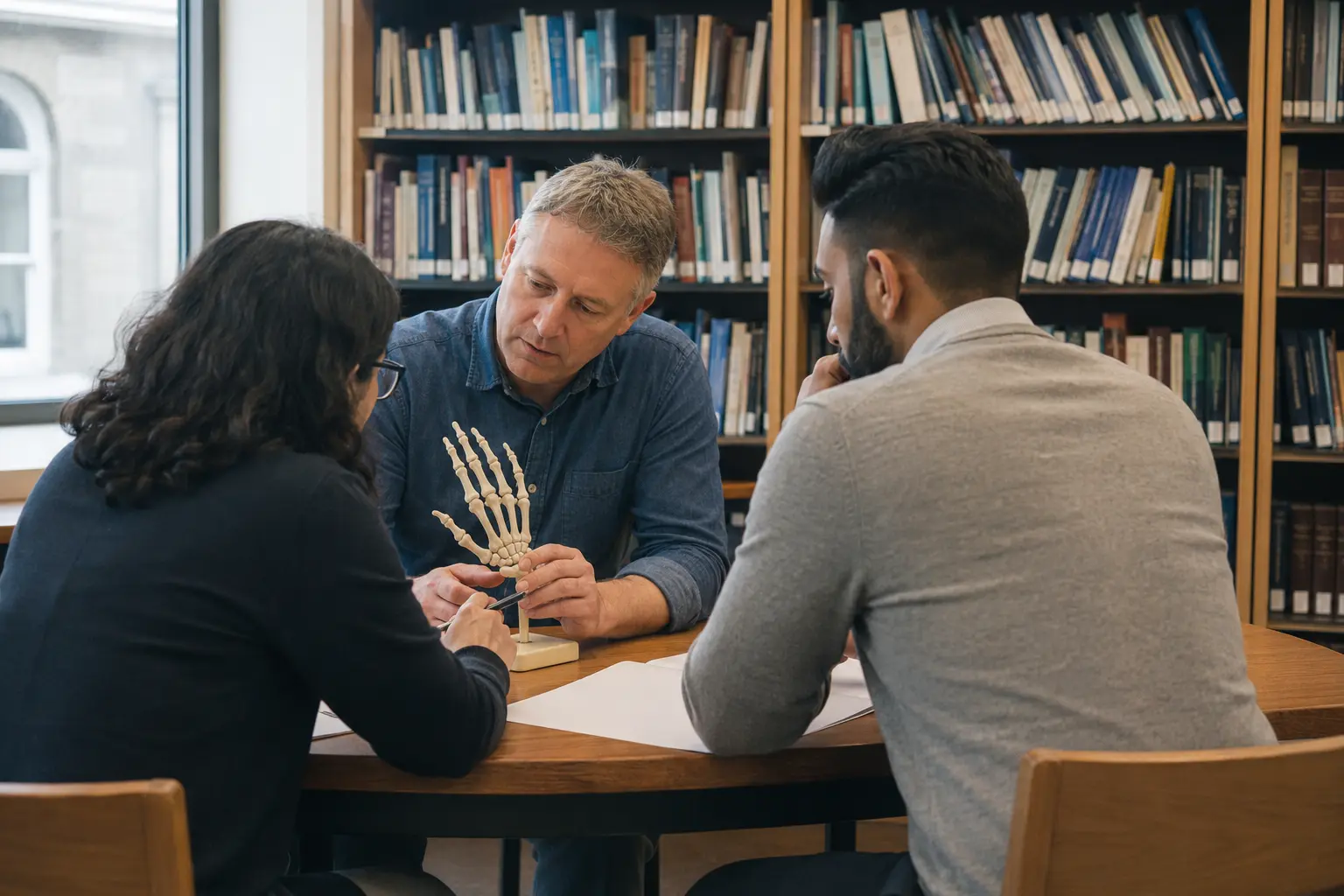 Three professionals in an independent reference library discussing an unlabelled anatomical hand model at a table